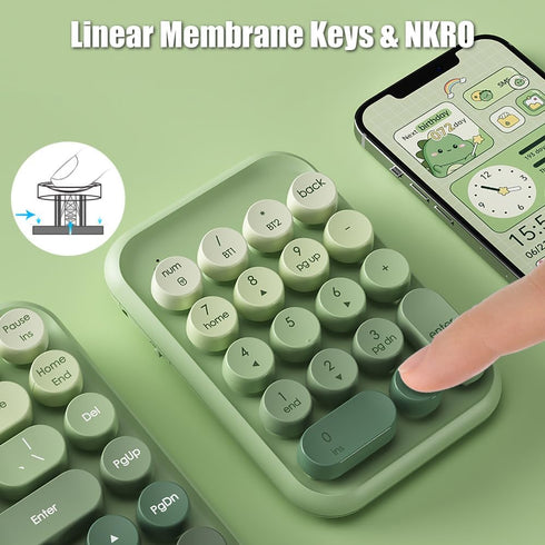 Typewriter Style Number Keypad, Wireless 2.4G/Bluetooth/USB-C Rechargeable Numeric Pad, 18-Key NKRO Retro Round Keycaps