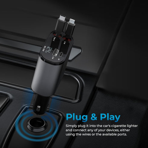 AutoSky 4 in 1 Retractable Car Charger - 100W USB C & iPhone Cable, Fast Charger with USB-C, USB-A Ports for iPhone,