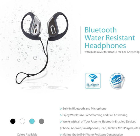 Pyle Bluetooth Active Sports Waterproof Headphones, Marine Water Resistant, Wireless Earbuds with Microphone, Silver