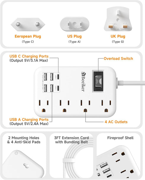 European Travel Plug Adapter, US to Europe Travel Power Strip with 6 USB (2 USB C) 4 Outlets, 3ft Extension Cord