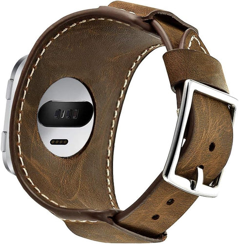 Compatible with Fitbit Versa 2 Bands, Genuine Leather Cuff Bracelet Replacement Strap for Men Women (Coffee)