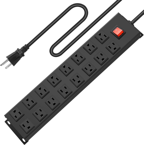HHSOET Metal Power Strip 16 Outlet Mountable, Wall Mount Garage Workbench Socket with 6 FT Power Cord (Black)