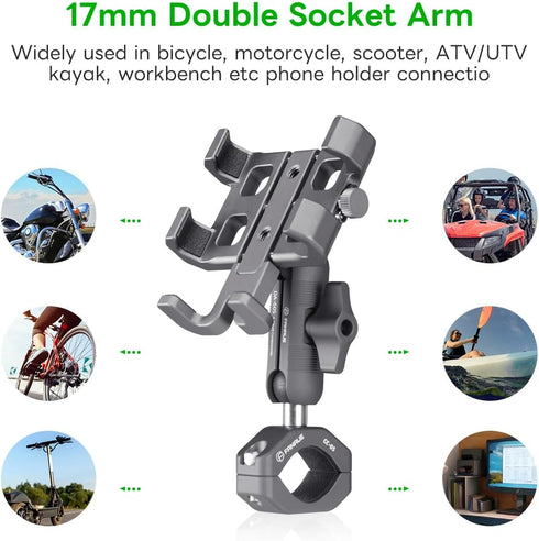 FANAUE Double Socket Arm for 17mm Ball Head Adapter, Aluminum Alloy, Compatible with Garmin GPS Mount