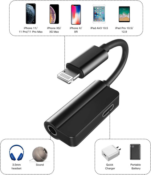 Headphone Adapter Lightning to 3.5mm AUX Jack and Charger Extender Dongle for iPhone 11 12 Mini Pro Max