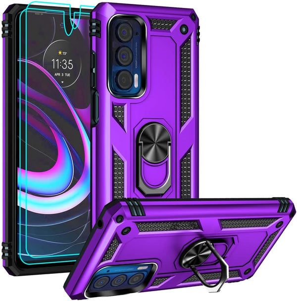 Androgate Motorola Moto Edge 2021 Case, Military-Grade Metal Ring Kickstand, 15ft Drop Tested Shockproof Cover, Purple