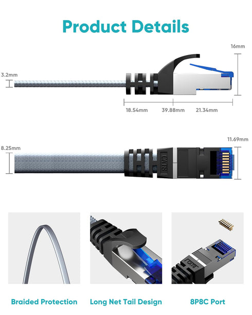 8 6 5 Pack, 40Gbps 2000Mhz RJ45 BUSOHE Cat Ethernet Cable FT Nylon Braided High Speed Heavy Duty Network LAN Patch