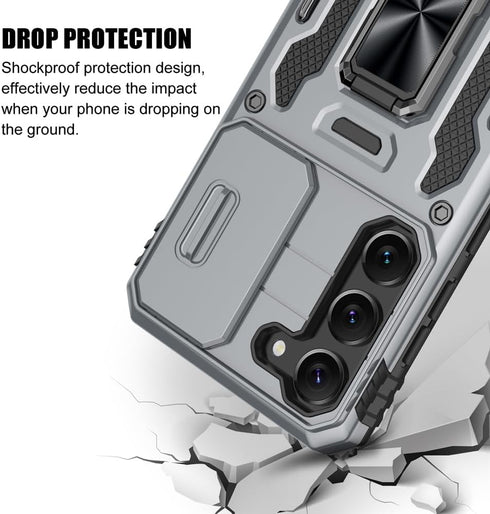 Samsung Galaxy S23 Case, Gray Shockproof Phone Case with Sliding Camera Cover & Rotatable Ring Holder + Screen Protector