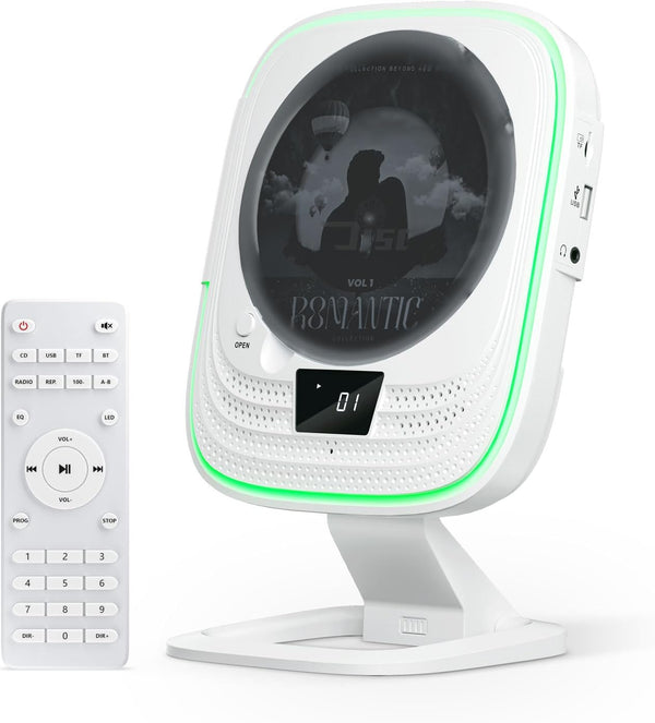 Portable CD Player with Bluetooth 5.0, HiFi Stereo Speakers, Desktop Wall-Mounted FM Radio, Remote Control, LED Lights,