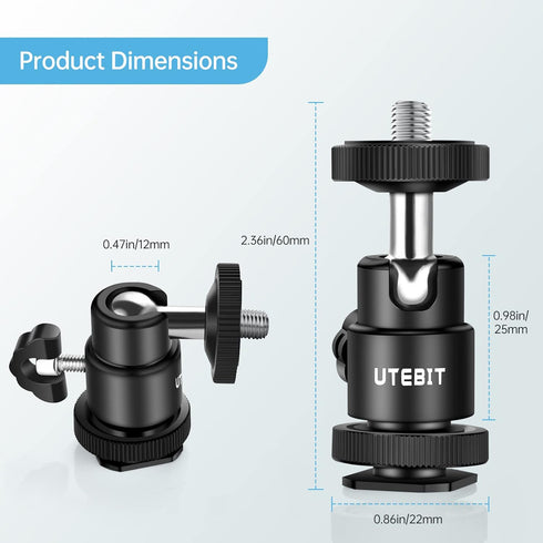 12MM Tripod Ball Head, UTEBIT 360 Rotatable Metal Mini Ball Head with 1/4" Hot Shoe, Camera Mount Adapter for Sport