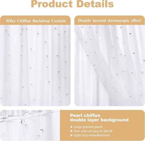 GUANSEN 10 8FT * White Pearl Tulle Double Layered Backdrop Curtain with Lights String and Lining Fabric for Wedding