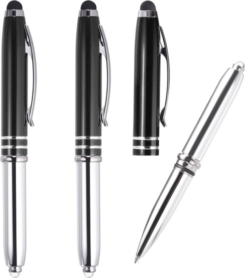 PATIKIL 3 Pack Ballpoint Pen with Stylus Tip and LED Flashlight, 3 in 1 Metal Pen (Black Ink 1.0mm)