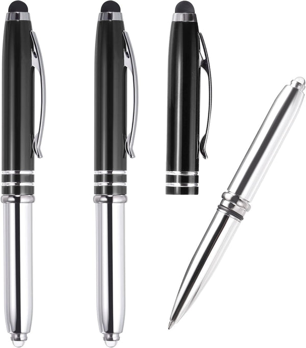 PATIKIL 3 Pack Ballpoint Pen with Stylus Tip and LED Flashlight, 3 in 1 Metal Pen (Black Ink 1.0mm)