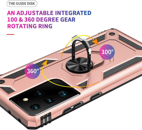 Military Grade Drop Impact Case for Samsung Galaxy S21 Ultra, Metal Rotating Ring Kickstand Holder, Heavy Duty