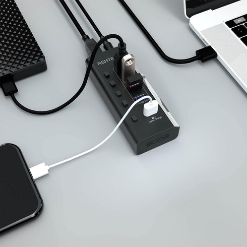 Powered USB Hub, RSHTECH USB 3 Hub with 4 USB 3.0 Data Ports + 1 Fast Charging Port, Individual On/Off Switches