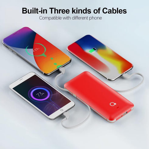 10000mAh Portable Charger, Slim USB B C Power Bank, 4 Output External Battery Pack with Built-in AC Wall Plug
