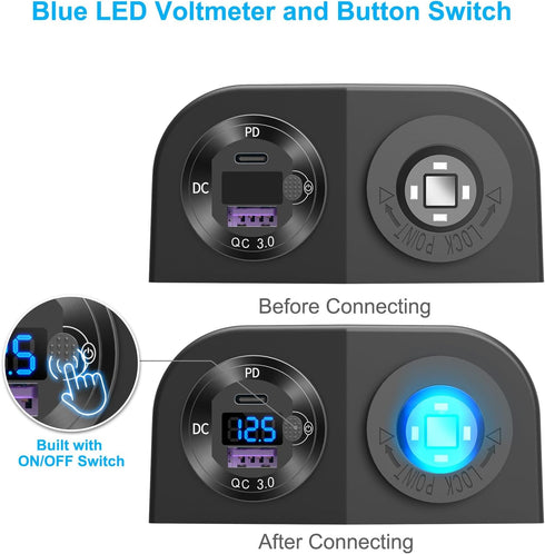 Tent Type Panel 12V USB Outlet Lighted Cigarette Lighter Socket, PD3.0 & QC3.0 Car USB Port Charger with LED Voltmeter