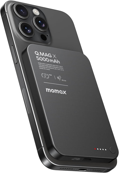 MOMAX 5000mAh Magnetic Power Bank, Wireless Portable Charger with Wired 20W Fast Charging, Compatible with Magsafe,
