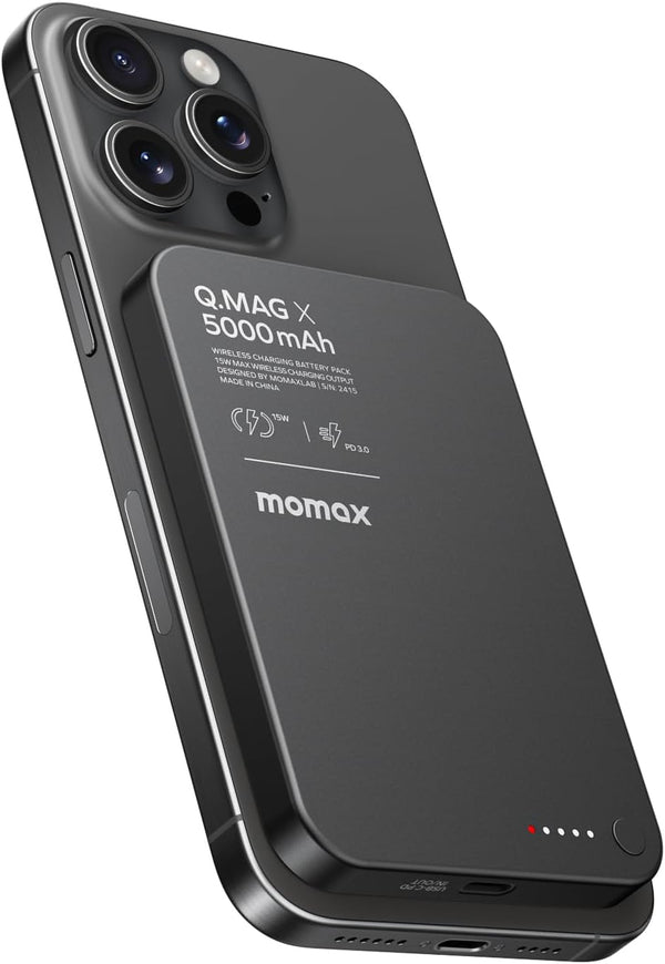MOMAX 5000mAh Magnetic Power Bank, Wireless Portable Charger with Wired 20W Fast Charging, Compatible with Magsafe,