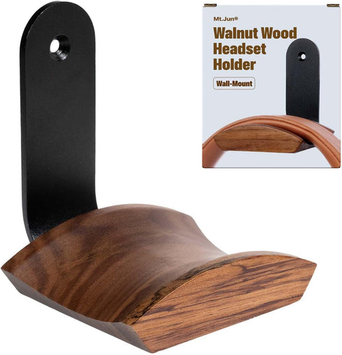 Walnut Wood Headphone Wall Mount Holder - with VHB Adhesive Tape and Screw, Holds 10 lbs (Black & Walnut Wood)