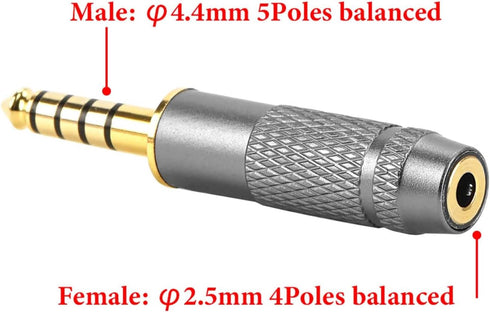 Geekria 4.4mm Balanced Male to 2.5mm Balanced Female Headphones Plug Adapter, Aluminum Alloy, Gold Plated