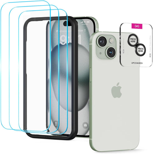 UARMOR Glass HD Clear Screen & Camera Lens Protector for iPhone 15, 9H Tempered Glass with Easy Installation Kits - 3+1