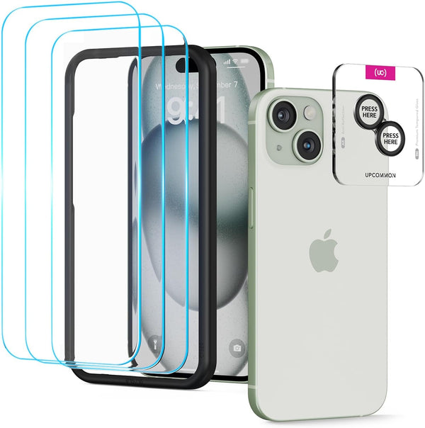 UARMOR Glass HD Clear Screen & Camera Lens Protector for iPhone 15, 9H Tempered Glass with Easy Installation Kits - 3+1