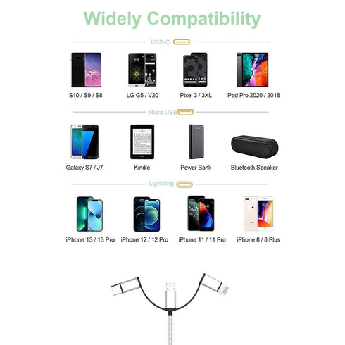 MTAKYI Multi 5 in 1 Universal USB Charging Cable, 3M/10FT USB A/Type C to Lightning+Type C+Micro USB Nylon Braided Sync