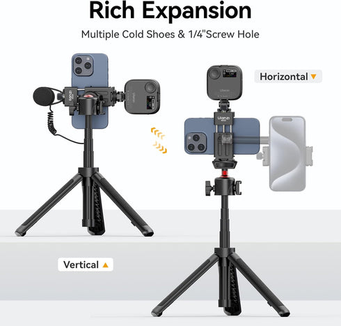ULANZI MA33 Metal Phone Tripod Mount with 2 Cold Shoes, Adjustable Smartphone Tripod Adapter for iPhone and Samsung