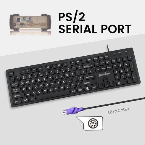 Perixx PERIBOARD-117P Wired PS2 Full Size Keyboard, Big Print Letters, Black, US English