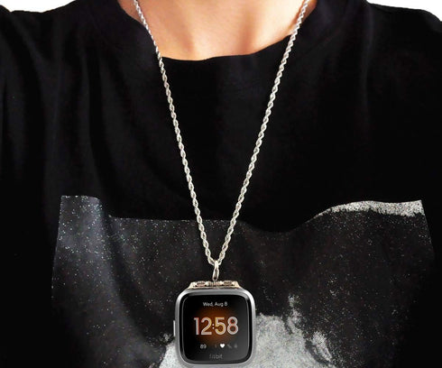 Stainless Steel Chain Necklace Smartwatch Band Compatible with Fitbit Versa 1/2/Lite, Polished Silver Metal Twisted