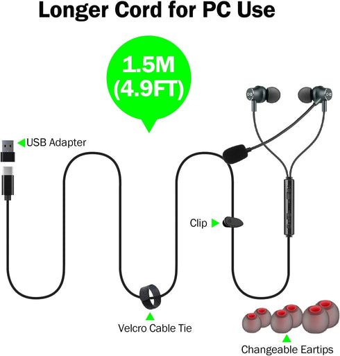 USB Earbuds with Boom Mic for Computers & Smartphones, In-Ear Headphones with USB-A & USB-C for Laptop, 4.9FT