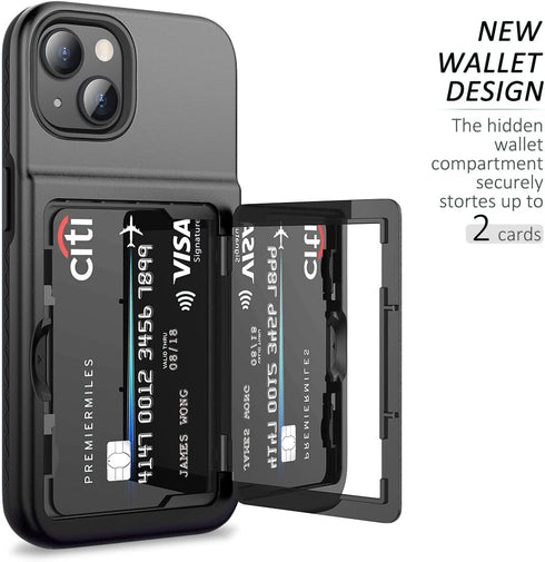 WeLoveCase for iPhone 13 / iPhone 14 Wallet Case with Credit Card Holder & Hidden Mirror, Two Layer Shockproof Heavy Duty Protection Cover Protective Case for iPhone 13/14 6.1 Inch-Black