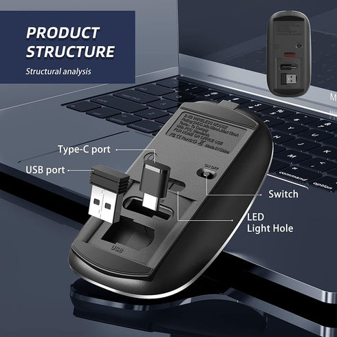 Wireless Mouse Chargeable Portable Silent USB and Type-C Dual Mode Mouse, 3 Adjustable DPI for Laptop, Mac, MacBook,