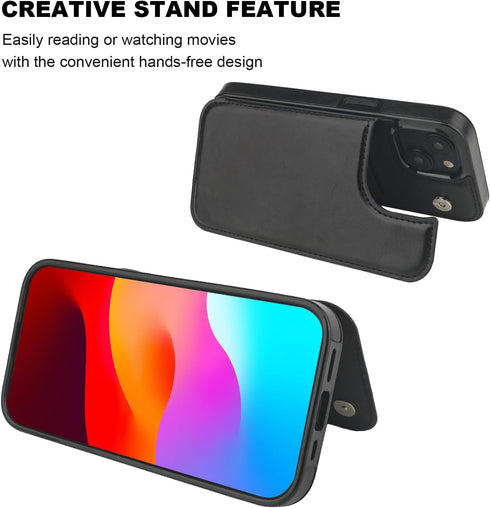 iPhone 15 Wallet Case with Card Holder, PU Leather Kickstand Cover, Double Magnetic Clasp, Shockproof 6.1 Inch
