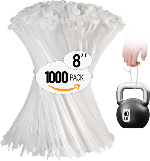 White Zip Ties 8 Inch 1000 Pack, Clear Industrial Cable Ties with 40 lbs Tensile Strength for Indoor Outdoor Use