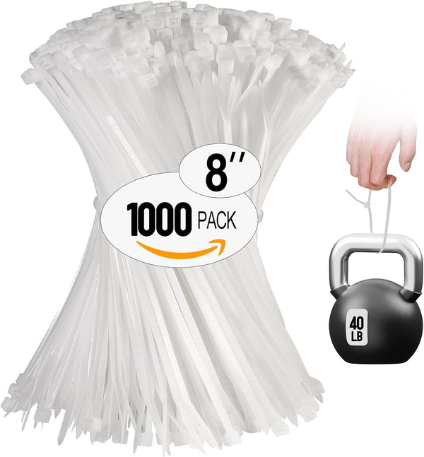 White Zip Ties 8 Inch 1000 Pack, Clear Industrial Cable Ties with 40 lbs Tensile Strength for Indoor Outdoor Use