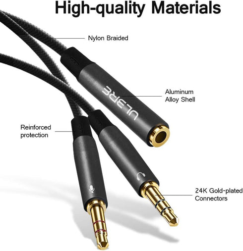 Headphone Splitter for Computer, 3.5mm Female to 2 Dual 3.5mm Male Headphone Mic Audio Y Splitter Cable for Gaming
