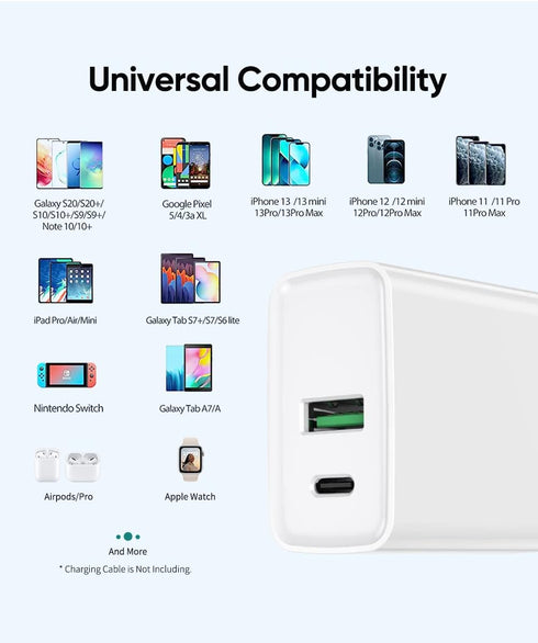 USB C Wall Charger PD 20W, Dual Port Power Delivery Fast Charge Block Plug Adapter for iPhone 15/14/13/12/11/Pro Max,