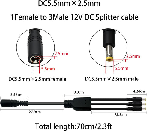 GGIPOWY 5.5x2.5mm 3-Pack, 1 3 18AWG 12V/24V 10A Router2.3FT DC Power Splitter Cable to Way High Current Compatible