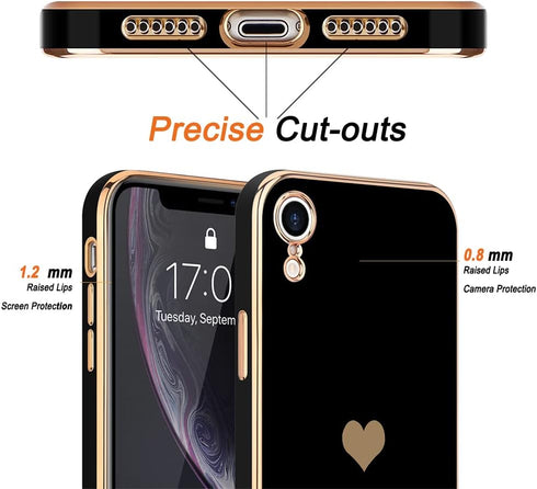 Teageo Compatible with iPhone Xr Case Black - Cute Love-Heart Luxury Bling Plating Soft Back Cover, Raised Full Camera
