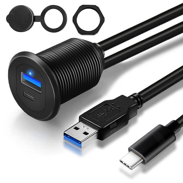 Type C 3.1 & USB 3.0 Car USB Port Mount, Flush Cable Male to Female, Dashboard Panel Extension for Car, Boat,