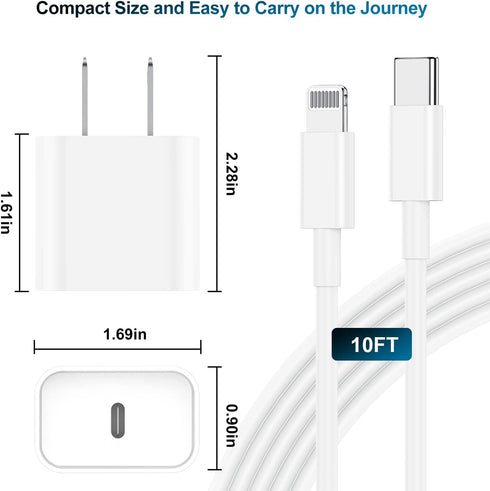 Fast Charging Phone Charger: 10FT MFi Certified USB C to Lightning Cable & 20W Block for iPhone 14 Pro/13 Pro Max/12/11