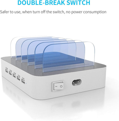 MSTJRY Charging Station for Multiple Devices - 5 Port Multi USB-A Charger Station with Power Switch for iPhone, iPad