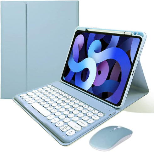 Mist Blue Keyboard Case with Removable Cute Round Key Bluetooth Mouse for iPad 9th 8th 7th Generation Air 3rd Gen Pro