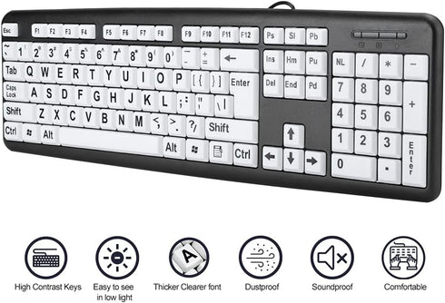 Black USB Wired Computer Keyboard, Low Vision Keyboard with White Large Print Keys