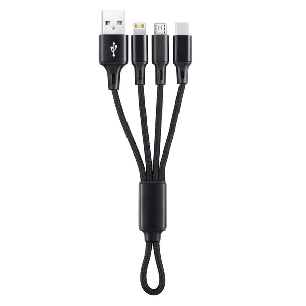 IFLASH 3in1 MicroUSB/Type C Cable - 8” Keychain Cord for iPhone Xs MAX, Samsung Galaxy S10, Android Smartphones (Black)