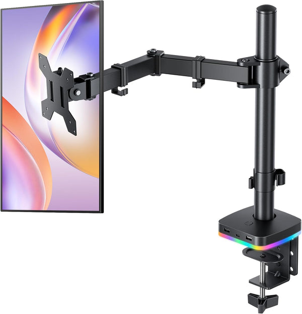 H&C(hcck&Cllassp) RGB Single Monitor Stand, Monitor Arm with 3 USB Ports, Charging and