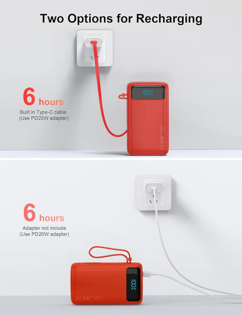 Nusyddy 27000mAh 22.5W Pack Portable Charger, Fast Charging Power Bank with Built-in Cable, USB C Battery with LED