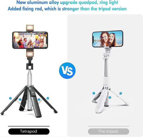 41” Selfie Stick Tripod Quadrapod with 2 Rechargeable Fill Light, Extendable Tripod with Bluetooth Remote for All