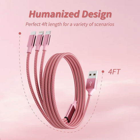 IDISON 3 in 1 Multi Charging Cable (2 Pack, 4FT) - Nylon Braided USB Charger for Type C, Micro, & IP Devices.